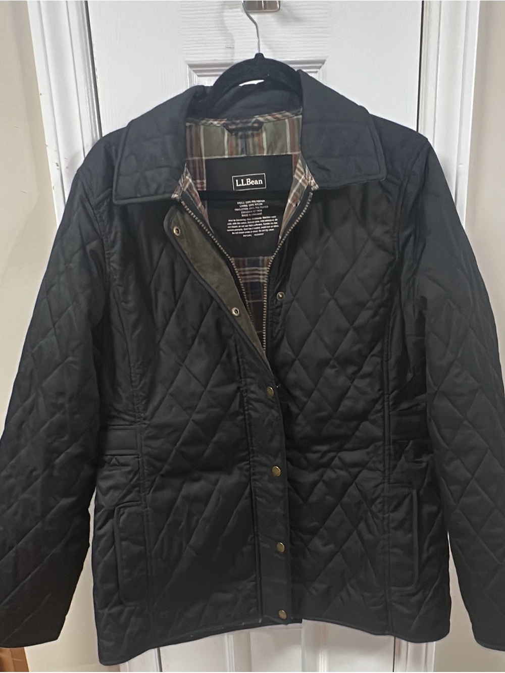 LL Bean Riding Jacket Barn Coat Black Quilted Plaid Lining pit-pit21 (mix47)